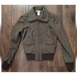 Charlotte Russe Brown Tweed Style Lined Wool Blend Zip Up Long Sleeve Jacket S